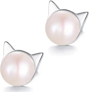 Pearl Stud Earrings 925 Sterling Silver White Freshwater Cultured Pearl Cat Ear Studs for Women