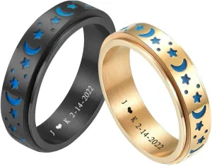 Personalized Luminous Sun Moon Couple Rings for Him Her,2Pcs Custom Name Wedding Band Stainless Steel Glow in The Dark Spinner Ring Stress Relieving Promise Ring Set for Valentines Day