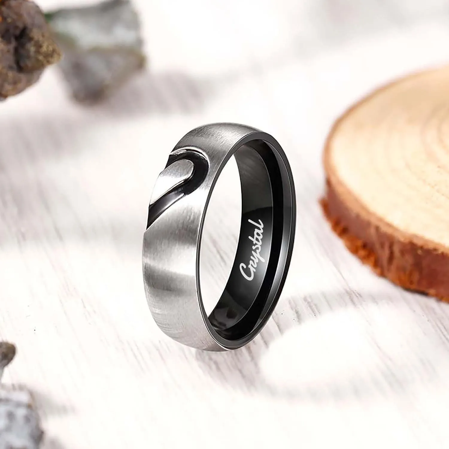 Personalized Matching Rings for Couples Personalized Couples Rings Set for Him and Her Half Heart Rings Custom Free Engraving Engagement Rings Jewelry Gifts for Couples Women Men (Black)