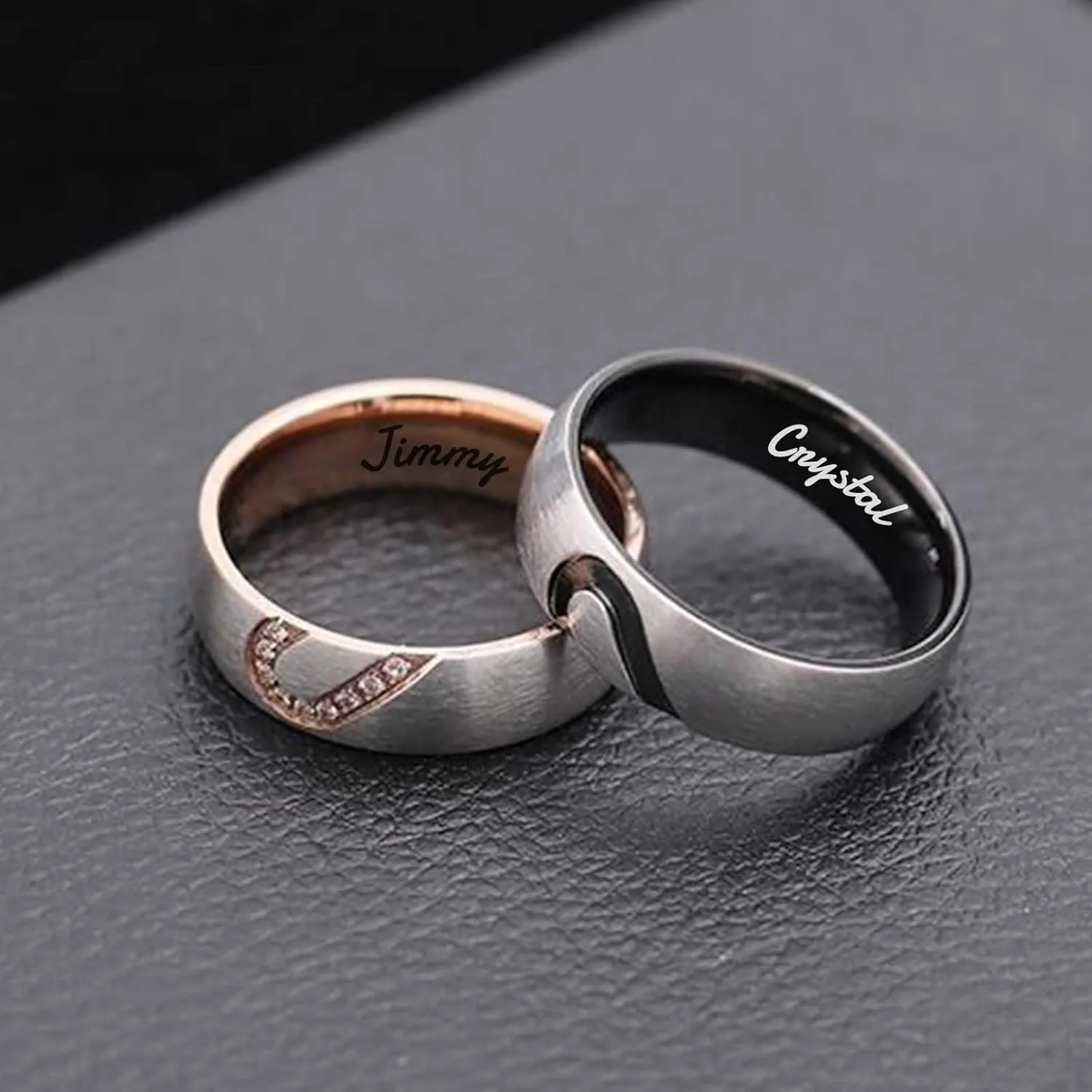 Personalized Matching Rings for Couples Personalized Couples Rings Set for Him and Her Half Heart Rings Custom Free Engraving Engagement Rings Jewelry Gifts for Couples Women Men (Black)