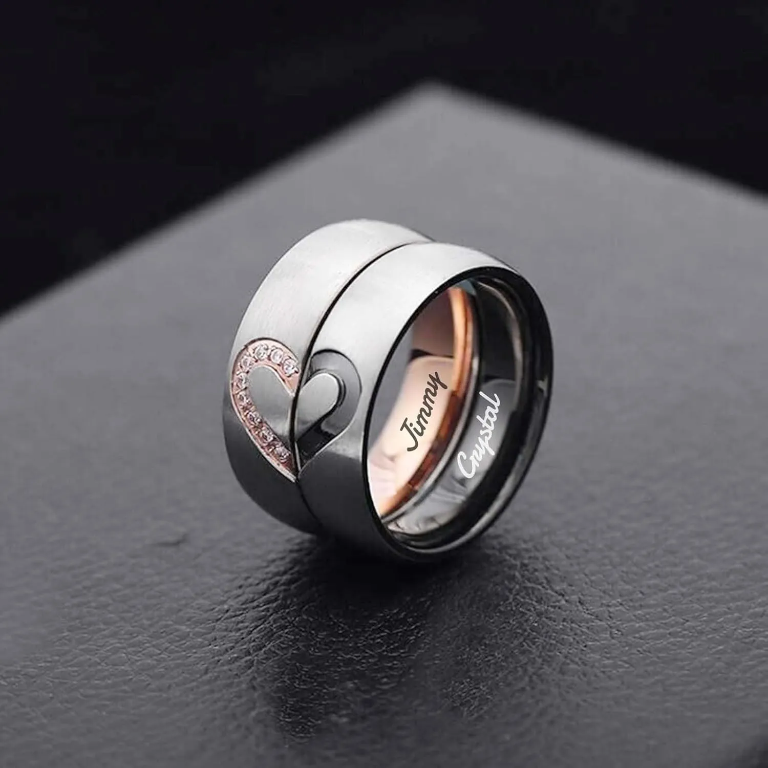 Personalized Matching Rings for Couples Personalized Couples Rings Set for Him and Her Half Heart Rings Custom Free Engraving Engagement Rings Jewelry Gifts for Couples Women Men (Black)