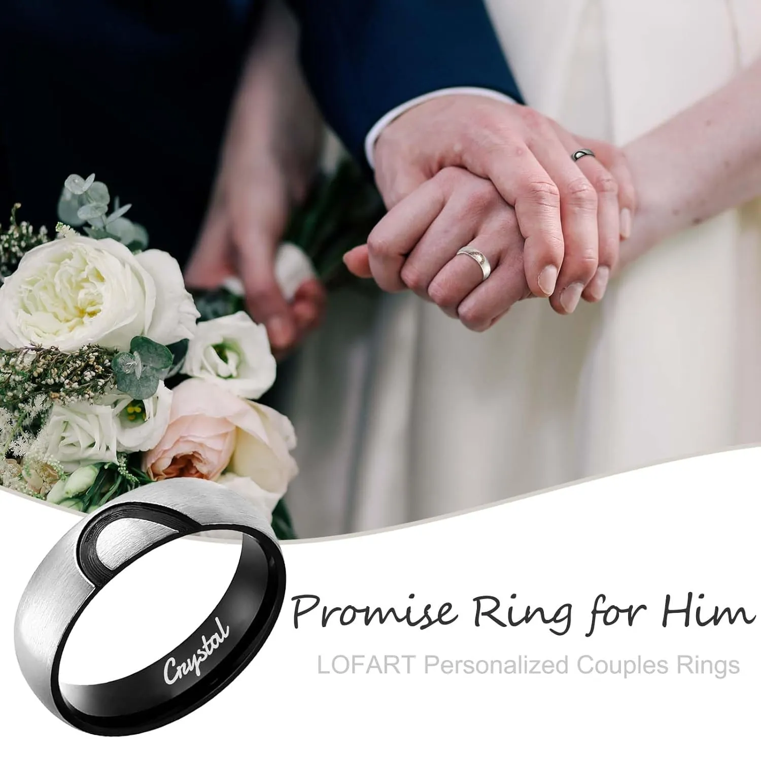 Personalized Matching Rings for Couples Personalized Couples Rings Set for Him and Her Half Heart Rings Custom Free Engraving Engagement Rings Jewelry Gifts for Couples Women Men (Black)