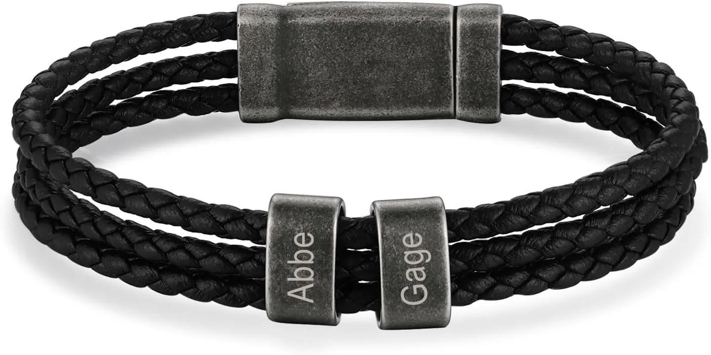 Personalized Mens Leather Bracelet Braid Leather Bracelet for Men Engraved 2-5 Names Gifts for Dad Grandpa Boyfriend Son (Style 1)