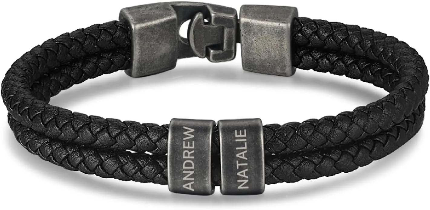 Personalized Mens Leather Bracelet Braid Leather Bracelet for Men Engraved 2-5 Names Gifts for Dad Grandpa Boyfriend Son (Style 3)