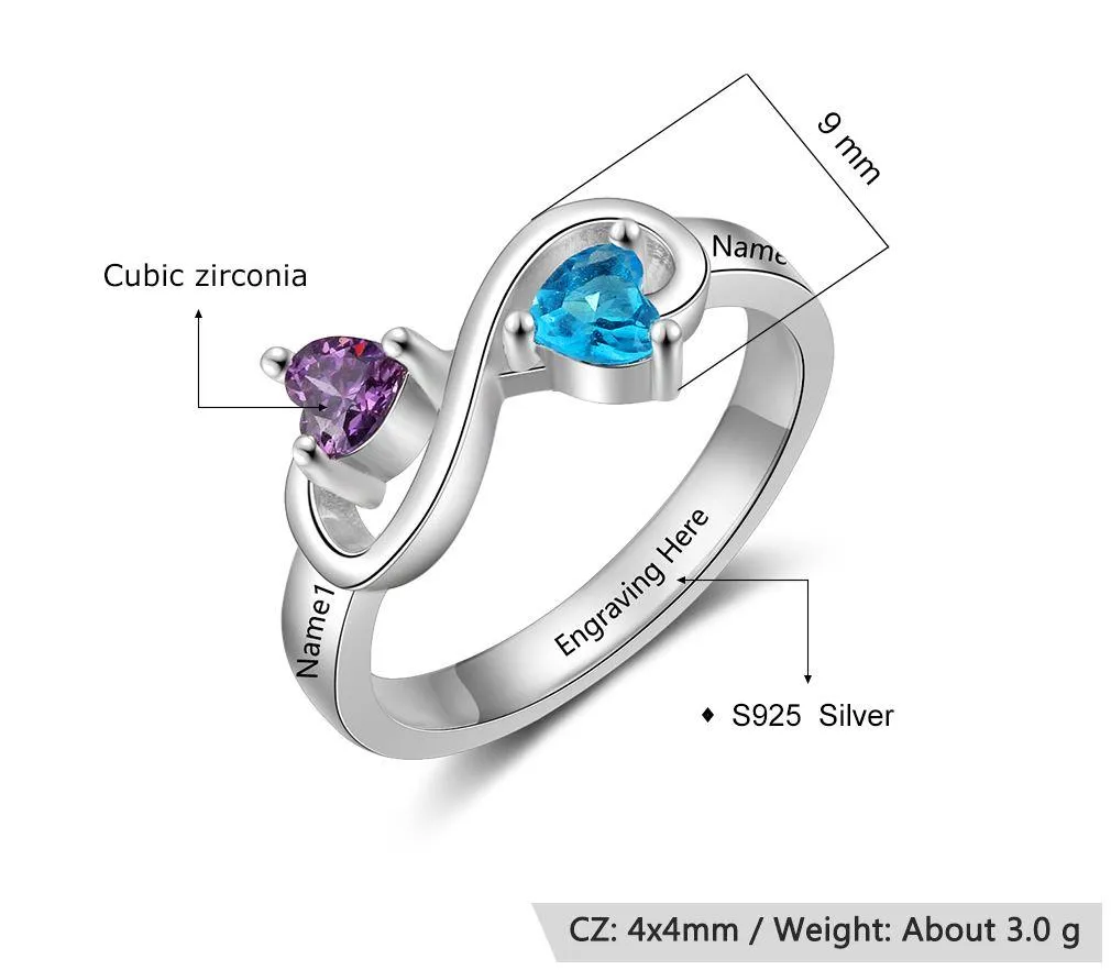 Personalized Mothers Infinity Ring 2 Heart Birthstones 2 Engraved Names