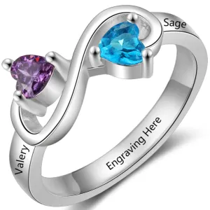 Personalized Mothers Infinity Ring 2 Heart Birthstones 2 Engraved Names