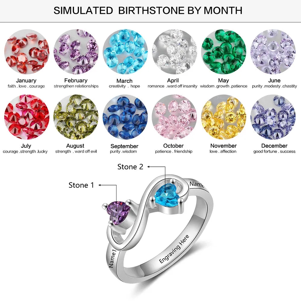 Personalized Mothers Infinity Ring 2 Heart Birthstones 2 Engraved Names