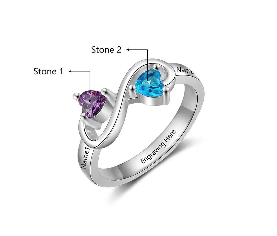 Personalized Mothers Infinity Ring 2 Heart Birthstones 2 Engraved Names