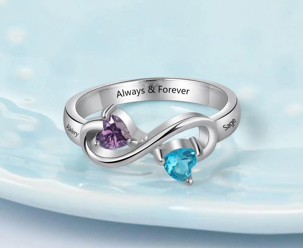 Personalized Mothers Infinity Ring 2 Heart Birthstones 2 Engraved Names