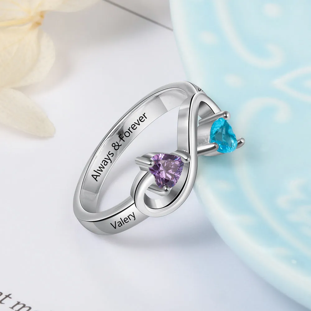 Personalized Mothers Infinity Ring 2 Heart Birthstones 2 Engraved Names