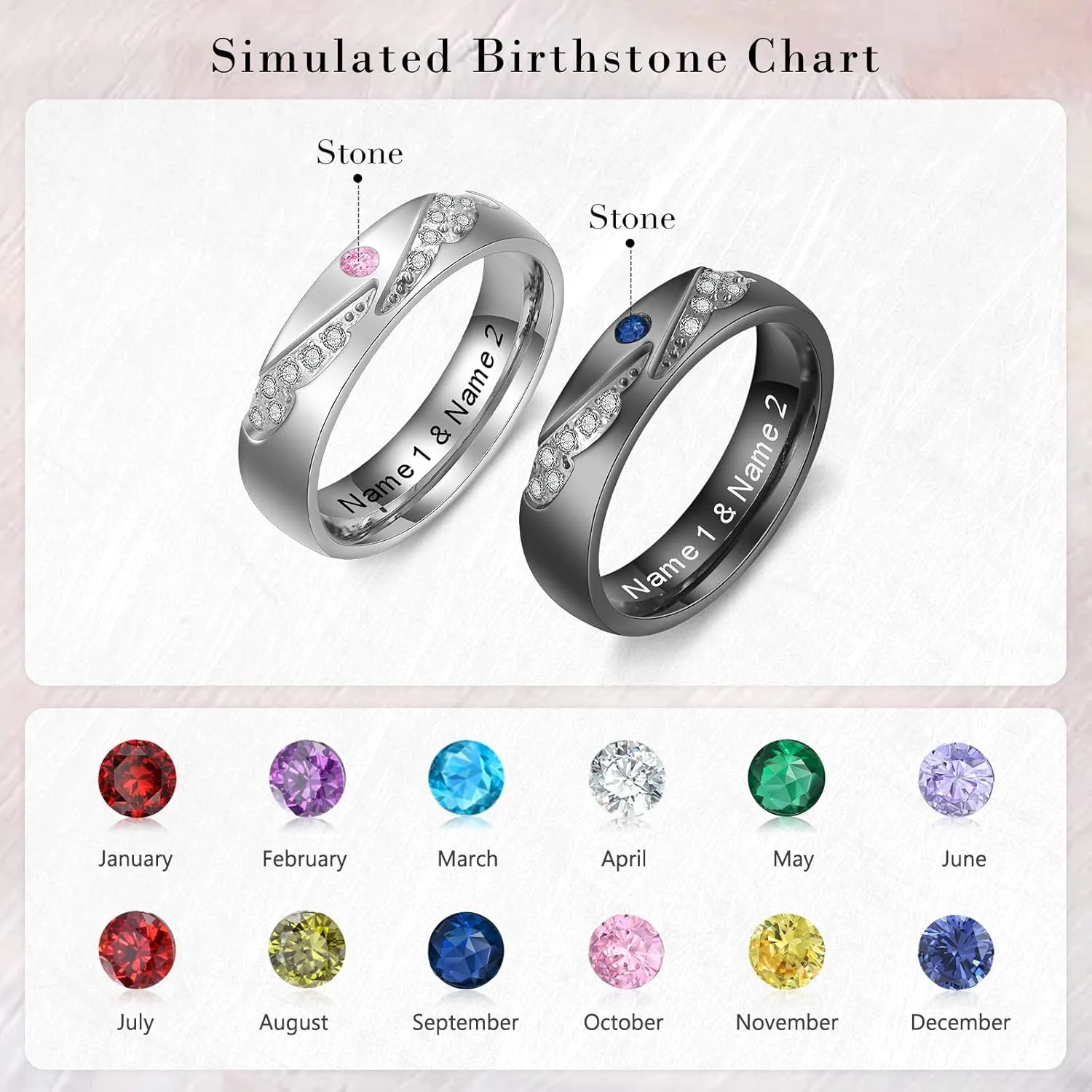 Personalized Promise Rings for Couples Custom Name Matching Couple Rings with Birthstone Engraved Name Engagement Ring Anniversary Birthday Gifts for Him Her