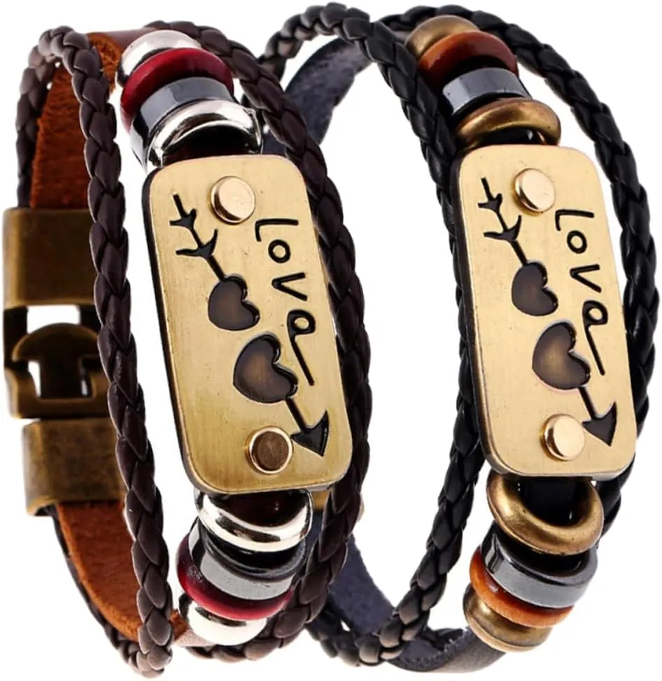 PRETYZOOM Chic Leather Couple Bracelet Woven Hand Chain 20cm Men 19cm Women Valentine's Day Present