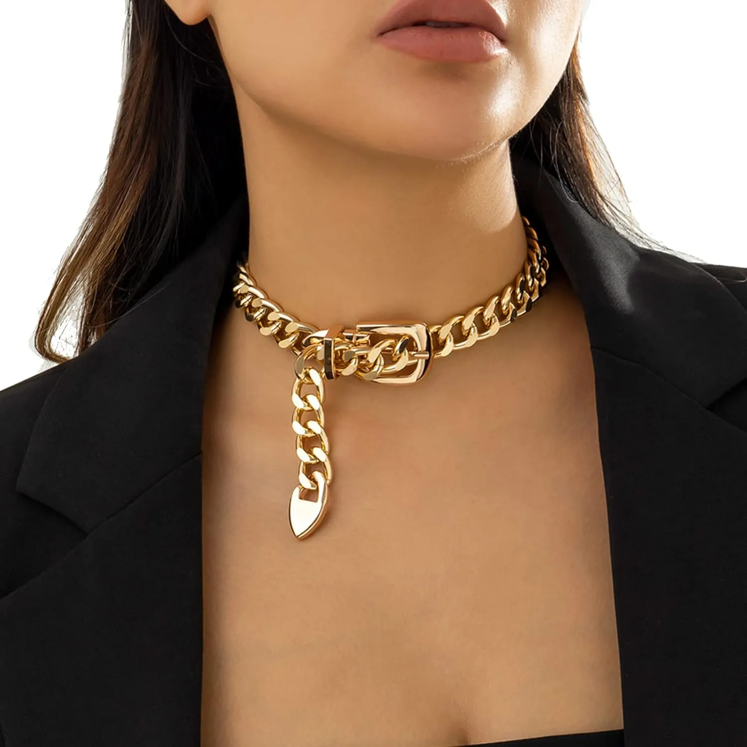 Punk Belt Buckle Choker Necklace Gold Cuban Chunky Choker Necklace Vintage Heavy Metal Thick Chain Short Necklace for Womens