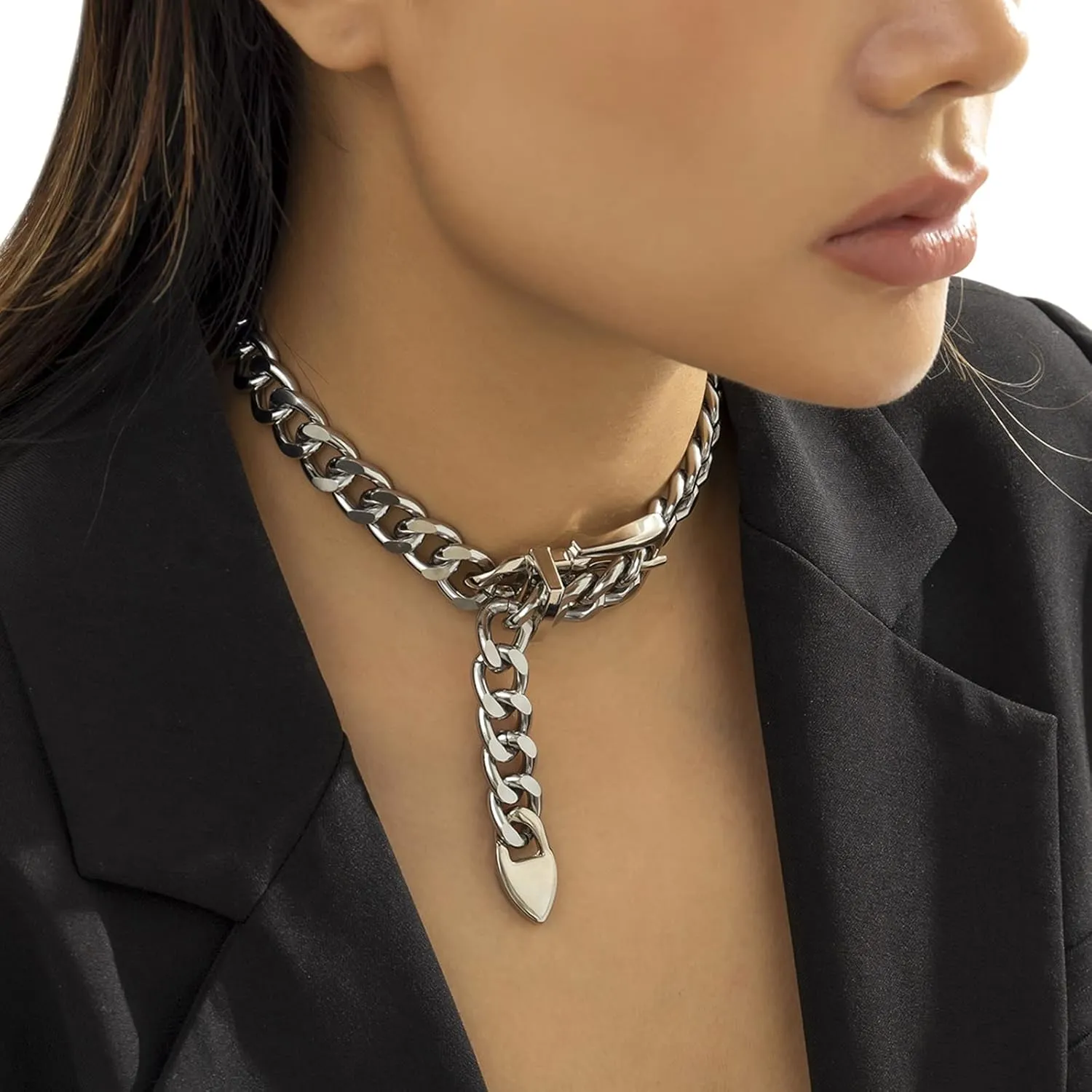 Punk Belt Buckle Choker Necklace Silver Cuban Chunky Choker Necklace Vintage Heavy Metal Thick Chain Short Necklace for Women