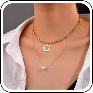 Punk Layered Pearl Choker necklace Round Pearl Pendant Necklace Gold Hollow Hoop Circle Necklaces Chunky O Link Chain Necklaces Jewelry for Women