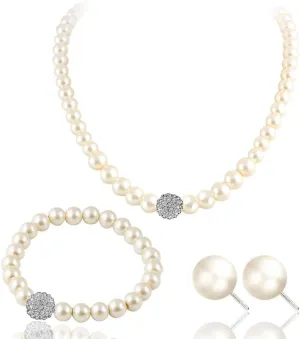 Q&D&S Chunky Pearl Necklace and Earring Set Big Faux Pearl Prom Jewelry Sets for Women Beaded Strand Bracelet Stud Earrings for Women Wedding