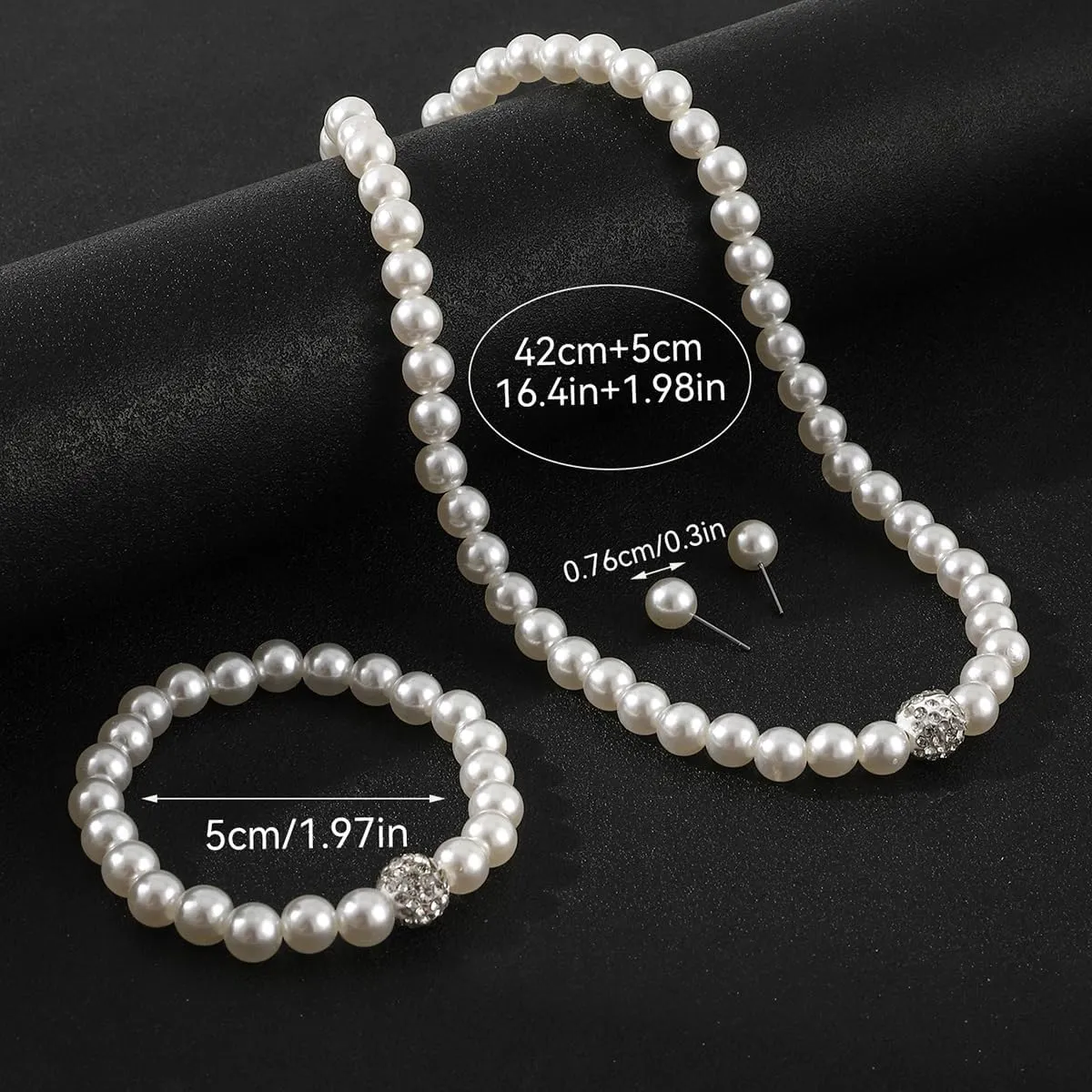 Q&D&S Chunky Pearl Necklace and Earring Set Big Faux Pearl Prom Jewelry Sets for Women Beaded Strand Bracelet Stud Earrings for Women Wedding