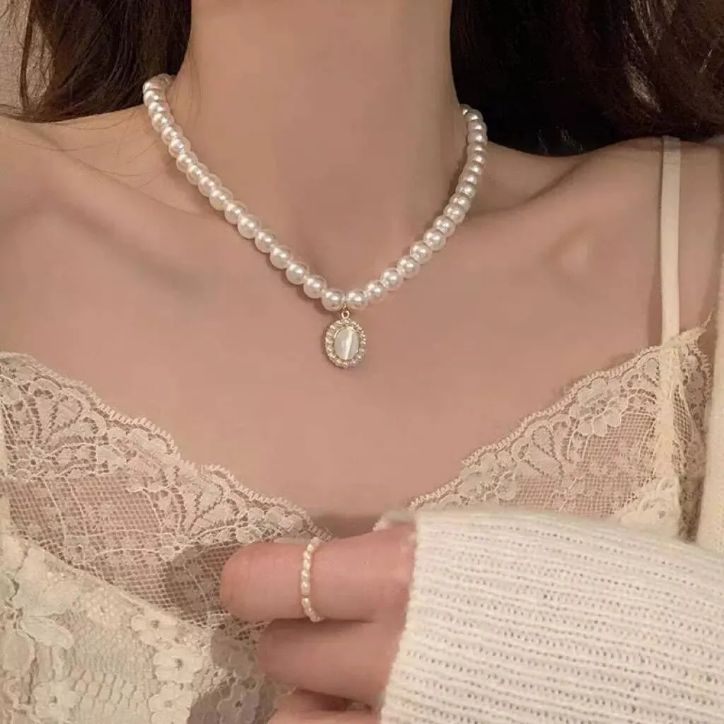 Q&D&S Chunky Pearl Necklace and Earring Set Big Faux Pearl Prom Jewelry Sets for Women Beaded Strand Bracelet Stud Earrings for Women Wedding