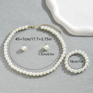 Q&D&S Chunky Pearl Necklace and Earring Set Big Faux Pearl Prom Jewelry Sets for Women Beaded Strand Bracelet Stud Earrings for Women Wedding