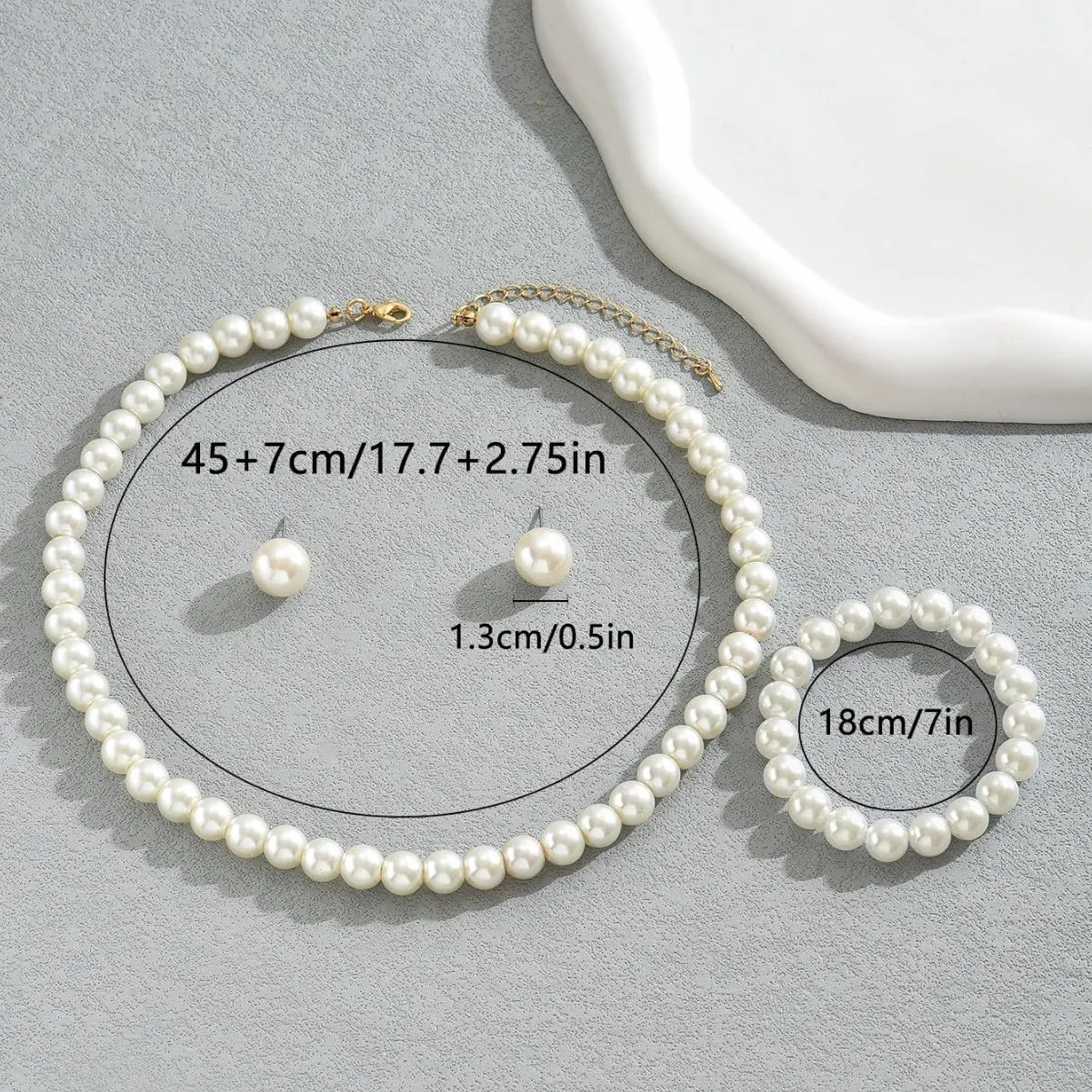 Q&D&S Chunky Pearl Necklace and Earring Set Big Faux Pearl Prom Jewelry Sets for Women Beaded Strand Bracelet Stud Earrings for Women Wedding