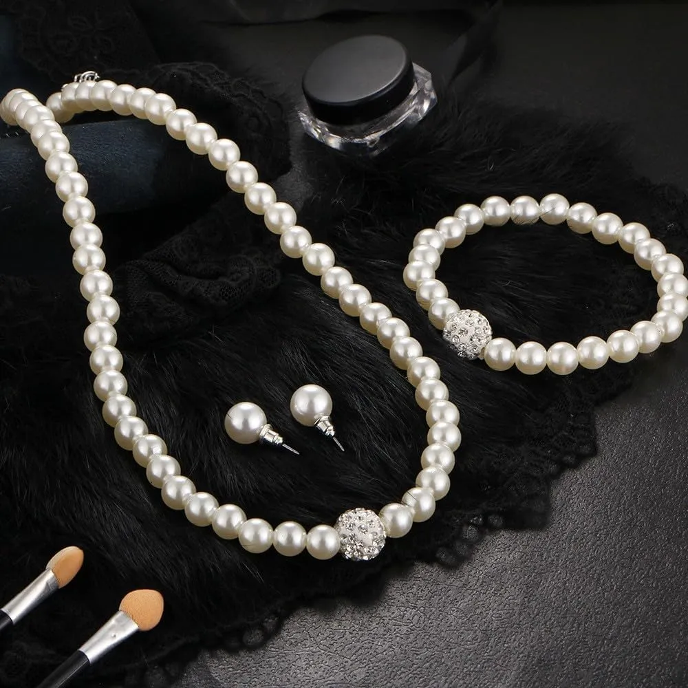 Q&D&S Chunky Pearl Necklace and Earring Set Big Faux Pearl Prom Jewelry Sets for Women Beaded Strand Bracelet Stud Earrings for Women Wedding