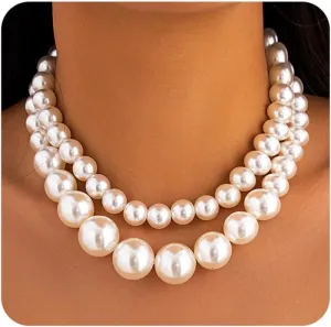 Retro Layered Large Pearl Choker Necklace Exaggerated Big Pearl Necklaces for Women Chunky Pearl Statement Bride Wedding Jewelry Gifts