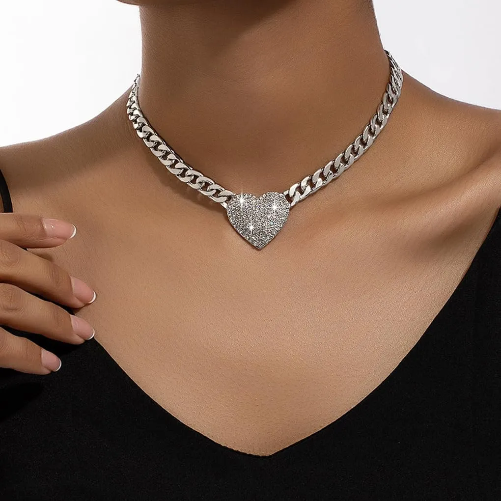 Rhinestone Heart Choker Necklaces for Women,Chunky Gold Cuban Chain Collar Necklace Sparkly Crystal Love Necklace,Charm Wedding Jewerly Accessories