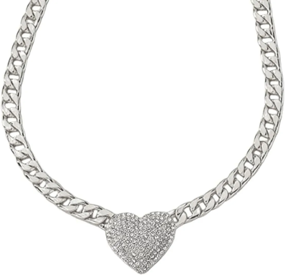 Rhinestone Heart Choker Necklaces for Women,Chunky Gold Cuban Chain Collar Necklace Sparkly Crystal Love Necklace,Charm Wedding Jewerly Accessories