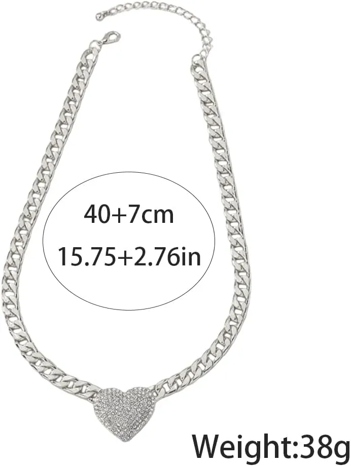 Rhinestone Heart Choker Necklaces for Women,Chunky Gold Cuban Chain Collar Necklace Sparkly Crystal Love Necklace,Charm Wedding Jewerly Accessories