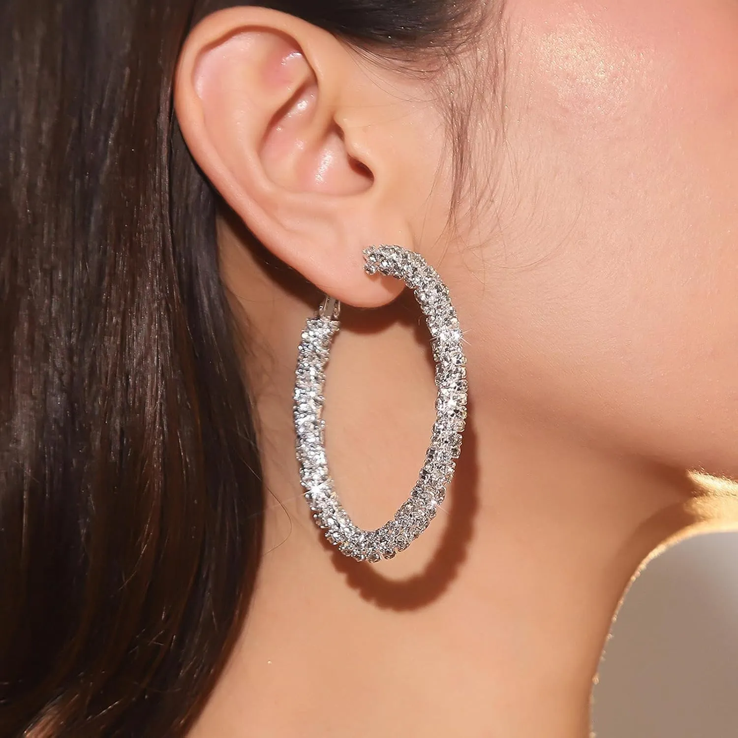 Rhinestone Hoop Earrings for Women Big Gold Silver Hoop Earrings Large Glitter Sparkly Hoops Earring Trendy Prom Wedding Formal Jewelry Gifts 2025