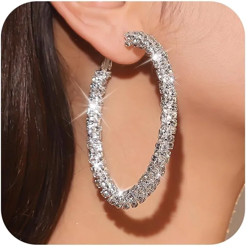 Rhinestone Hoop Earrings for Women Big Gold Silver Hoop Earrings Large Glitter Sparkly Hoops Earring Trendy Prom Wedding Formal Jewelry Gifts 2025