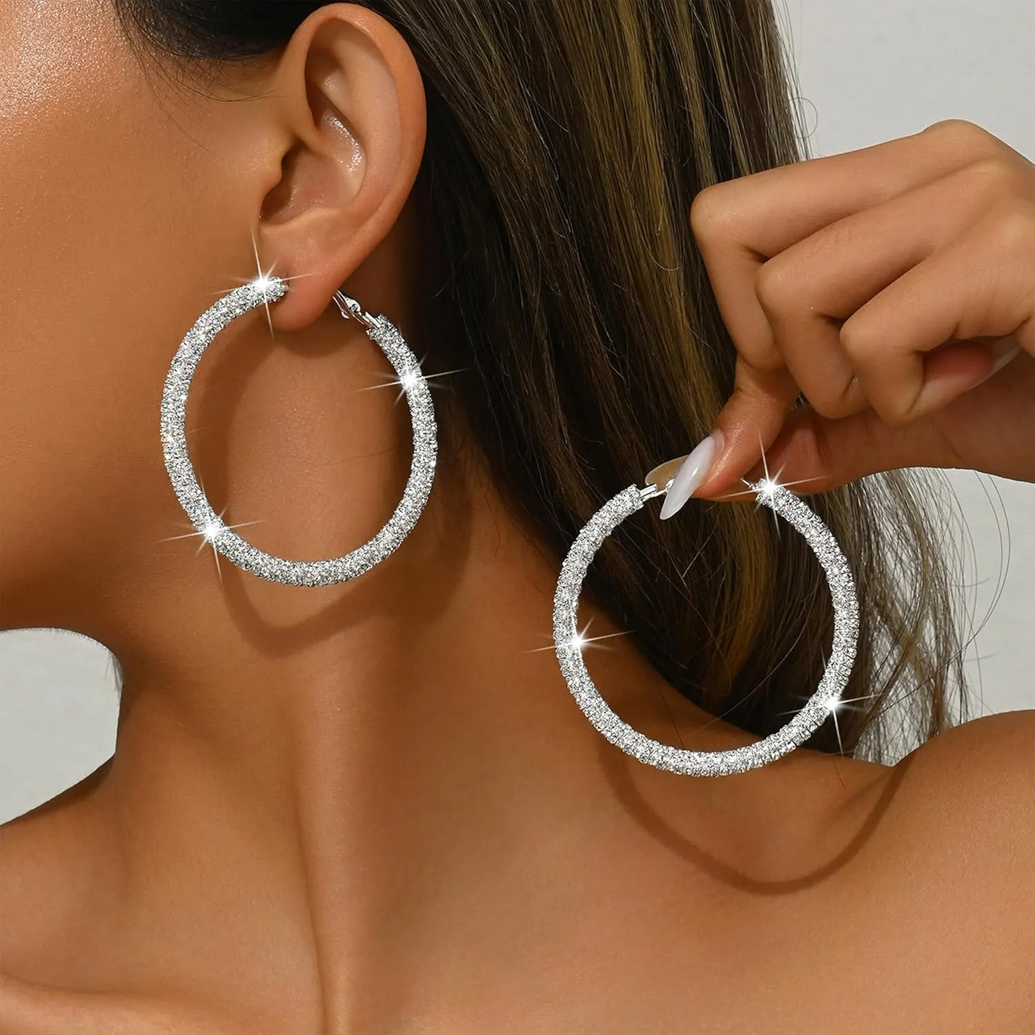 Rhinestone Hoop Earrings for Women Big Gold Silver Hoop Earrings Large Glitter Sparkly Hoops Earring Trendy Prom Wedding Formal Jewelry Gifts 2025