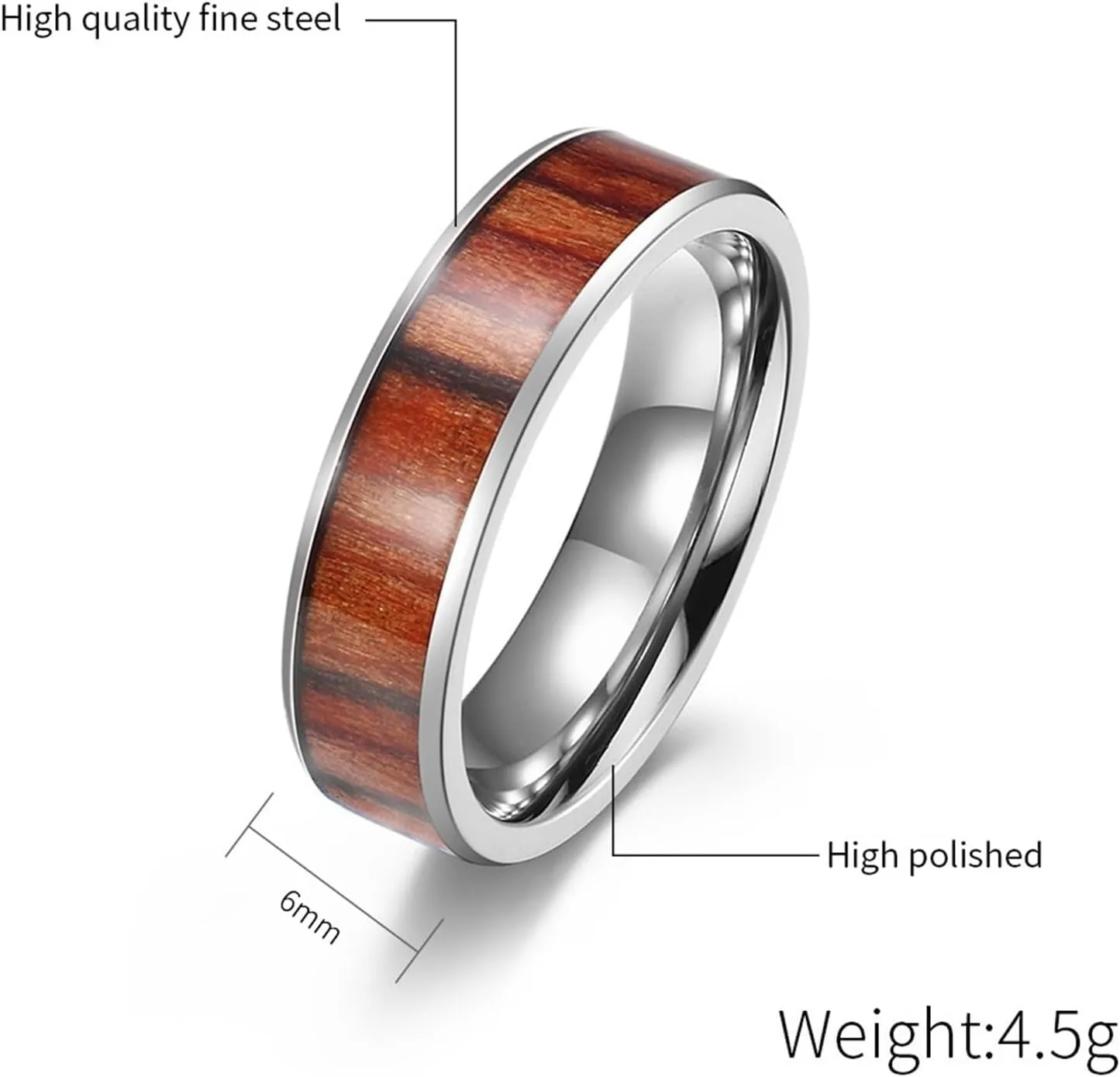 Ring for Men Wedding, Stainless Steel Rings for Men 2PCS Titanium 6mm 4mm Silver Ring Inlay Wood Size Women 6 Men 7 for Couple Mother's Day Jewelry