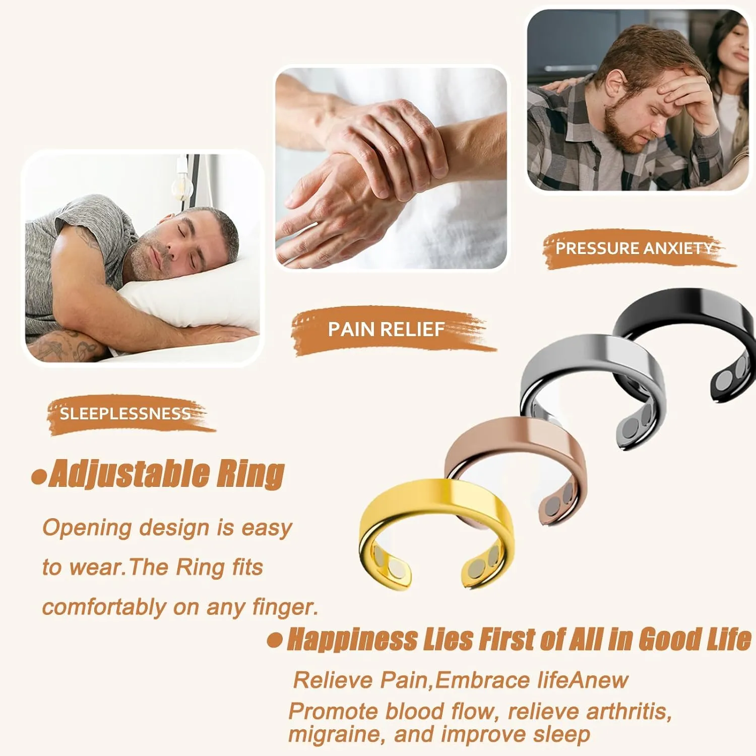 Rings for Women, Ring Adjustable Stainless Steel Rings Vitality Rings, Anti Snoring Adjustable Fatigue Relief Sleep Aid Magnetic Acupressure Ring for Women Men