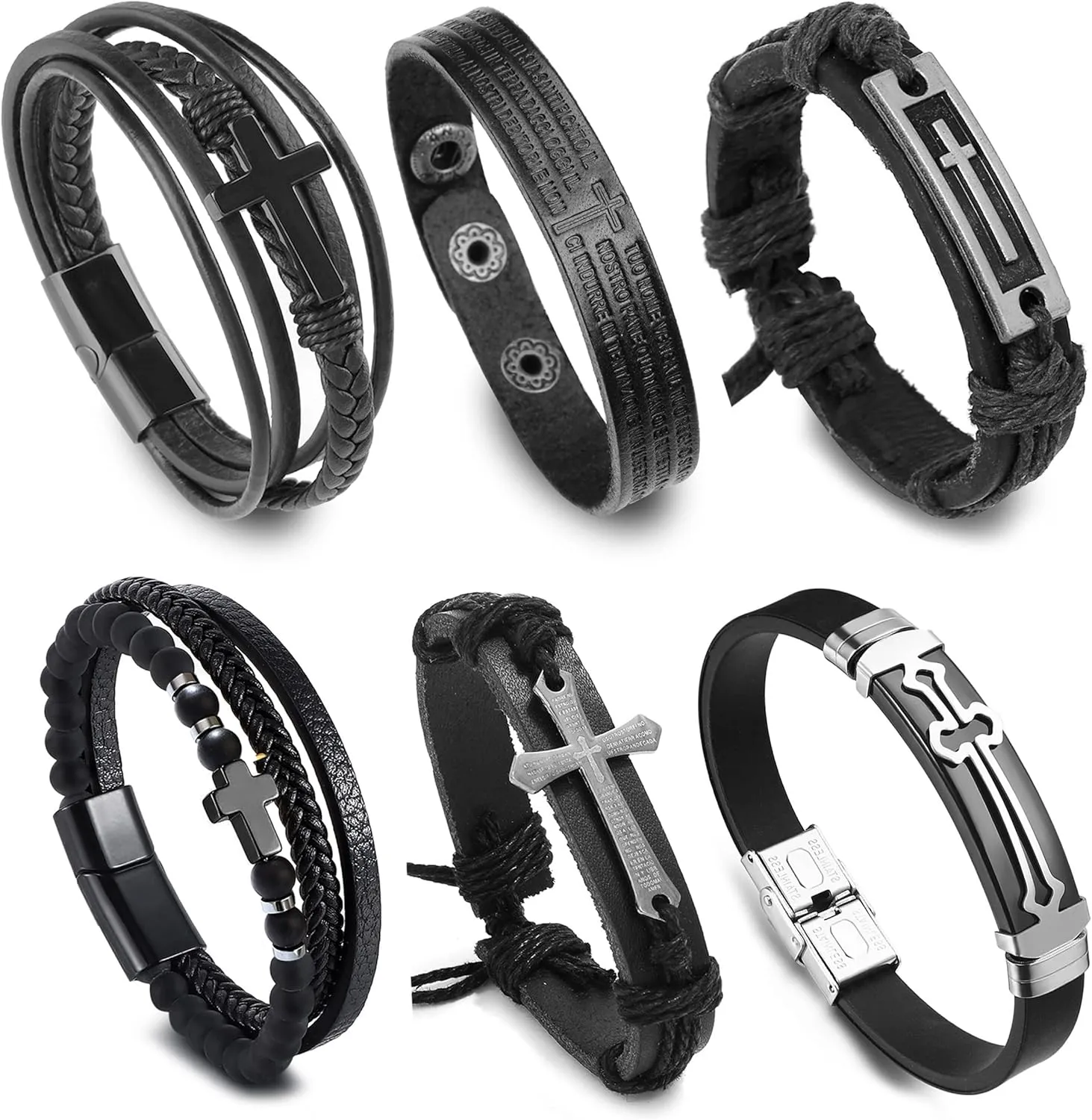 RIOSO 6 Pieces Men's Cross Bracelet Cross Leather Bracelets Cuff Wristband Cross Bracelet for Men