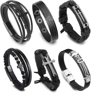 RIOSO 6 Pieces Men's Cross Bracelet Cross Leather Bracelets Cuff Wristband Cross Bracelet for Men