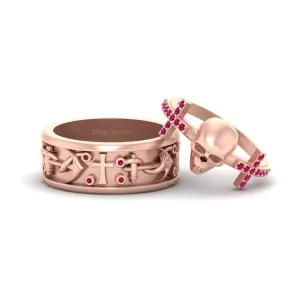 Rose Gold Fn 925 Silver Pink Diamond Nautical Anchor Skull Gothic Holy Cross Matching Couple Ring Set His and Hers