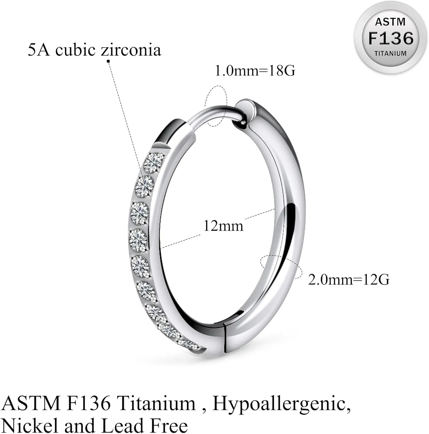 Ruifan ASTM F136 Titanium Hoop Earrings for Women Small Huggie Hoop Earrings Hypoallergenic Helix Conch Cartilage Hoops Cubic Zirconia Cuff Earring Piercing Jewelry For Women Sensitive Ears 20G 18G