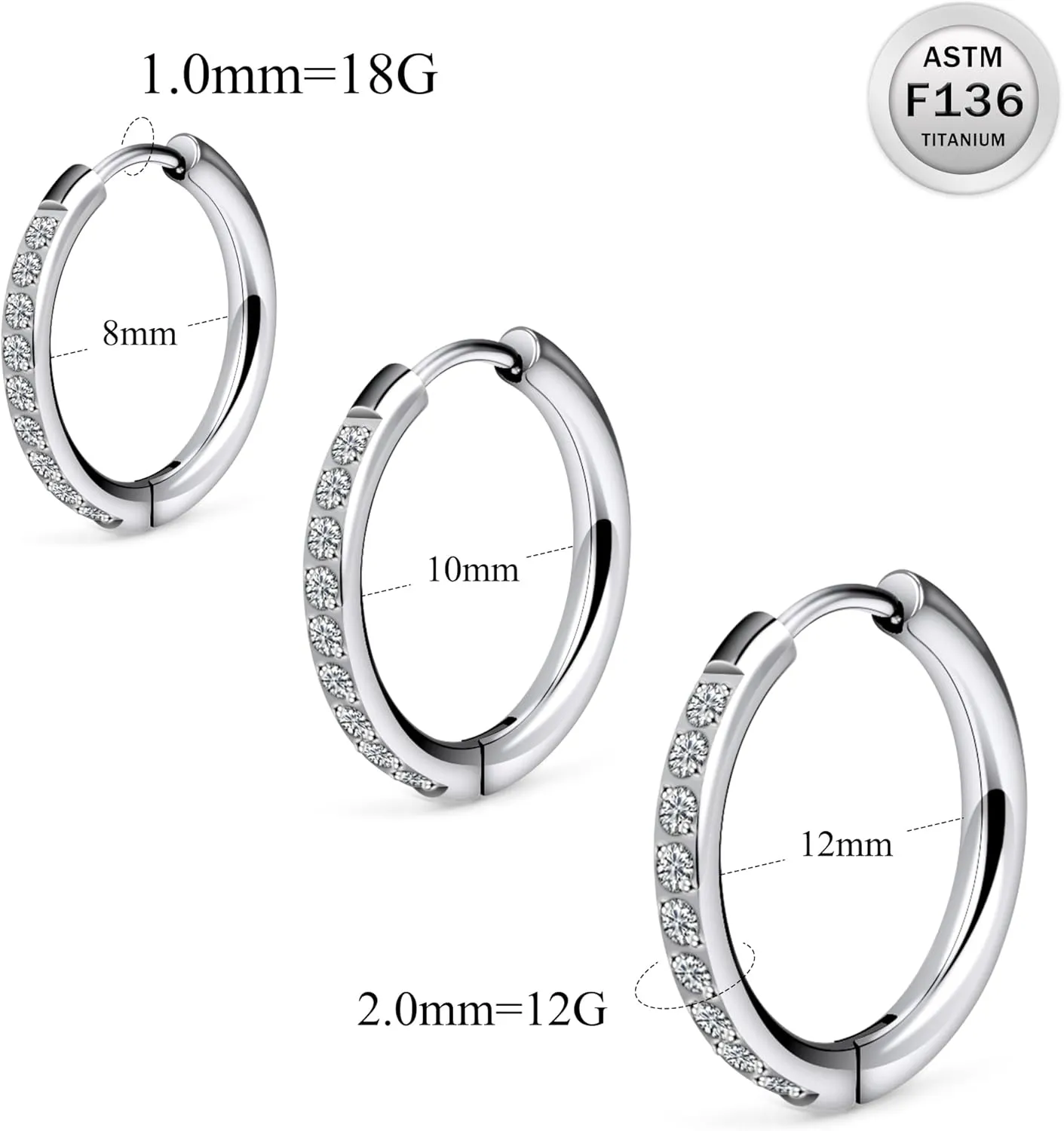 Ruifan ASTM F136 Titanium Hoop Earrings for Women Small Huggie Hoop Earrings Hypoallergenic Helix Conch Cartilage Hoops Cubic Zirconia Cuff Earring Piercing Jewelry For Women Sensitive Ears 20G 18G