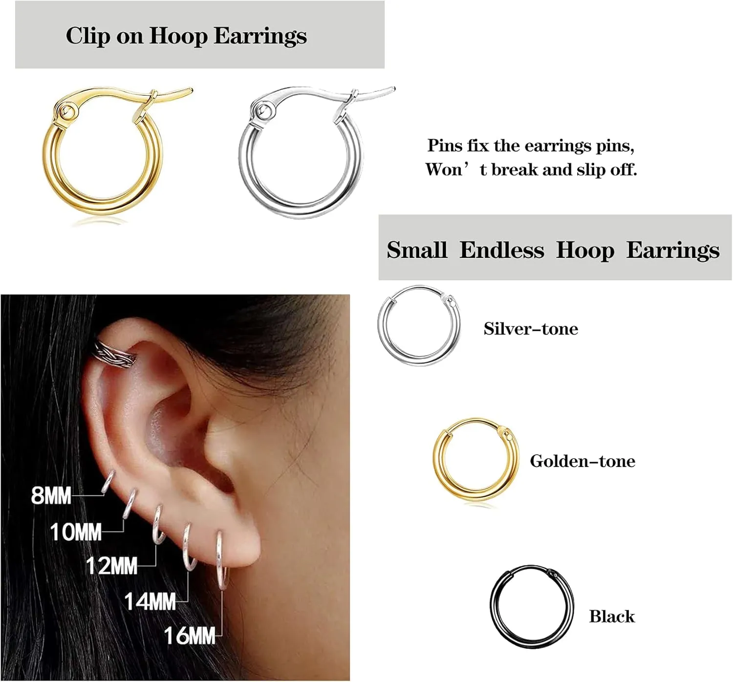 Senteria 10 Pairs Small Hoop Earrings for Women Stainless Steel Gold Silver Black Hypoallergenic Hoop Earrings Tiny Hoop Earrings Set for Men Earring Sets for Multiple Piercings 8/10/12/14/16mm
