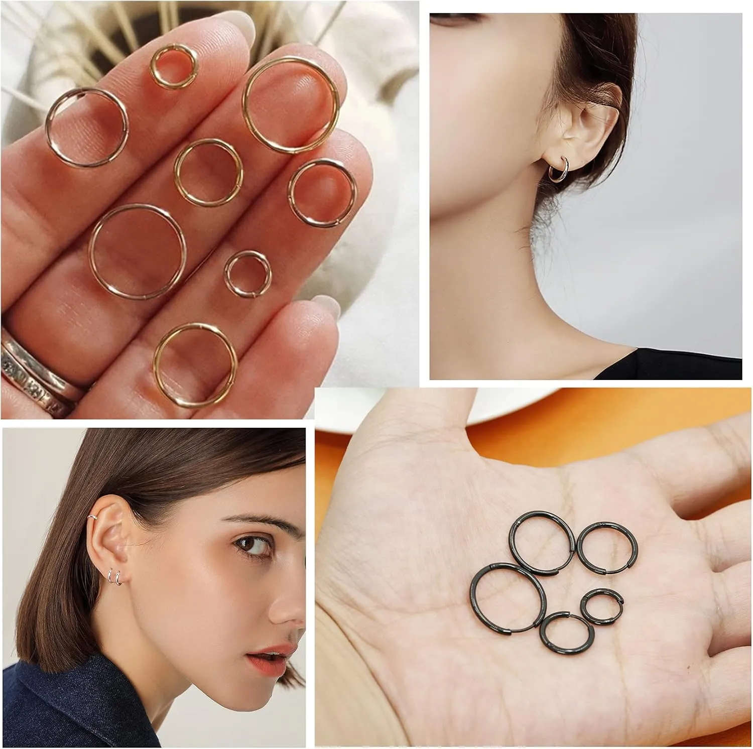 Senteria 10 Pairs Small Hoop Earrings for Women Stainless Steel Gold Silver Black Hypoallergenic Hoop Earrings Tiny Hoop Earrings Set for Men Earring Sets for Multiple Piercings 8/10/12/14/16mm