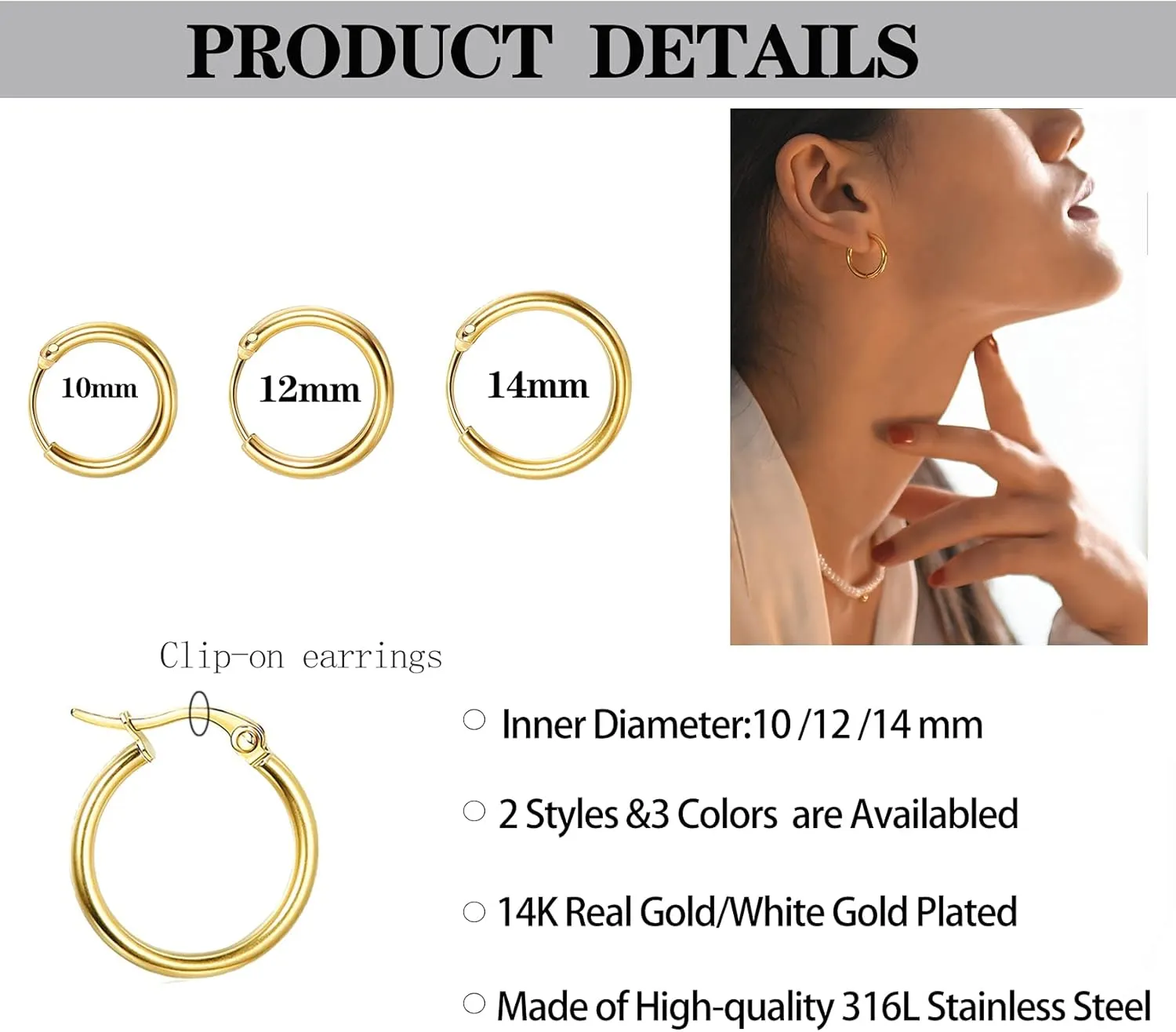 Senteria 10 Pairs Small Hoop Earrings for Women Stainless Steel Gold Silver Black Hypoallergenic Hoop Earrings Tiny Hoop Earrings Set for Men Earring Sets for Multiple Piercings 8/10/12/14/16mm