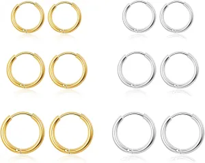 Senteria 10 Pairs Small Hoop Earrings for Women Stainless Steel Gold Silver Black Hypoallergenic Hoop Earrings Tiny Hoop Earrings Set for Men Earring Sets for Multiple Piercings 8/10/12/14/16mm
