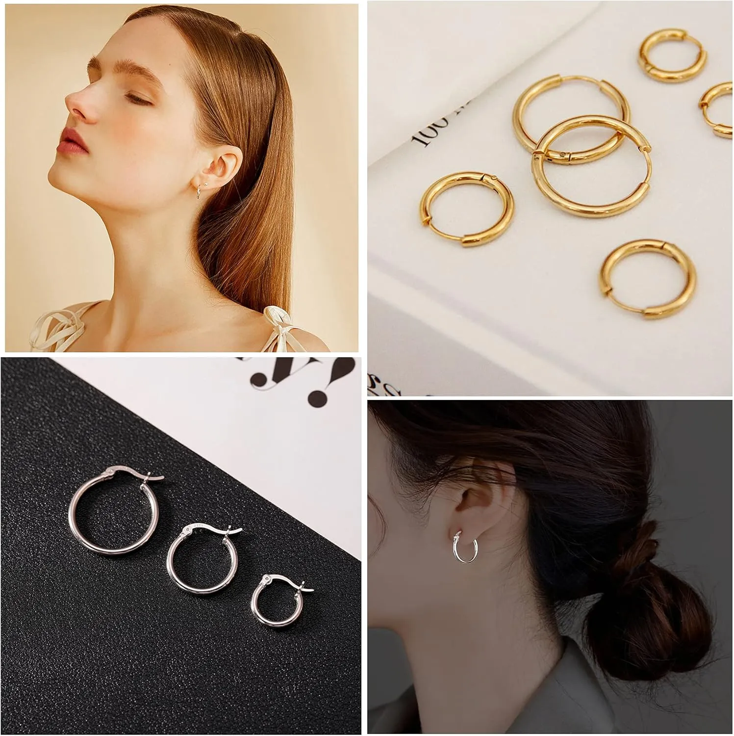 Senteria 10 Pairs Small Hoop Earrings for Women Stainless Steel Gold Silver Black Hypoallergenic Hoop Earrings Tiny Hoop Earrings Set for Men Earring Sets for Multiple Piercings 8/10/12/14/16mm