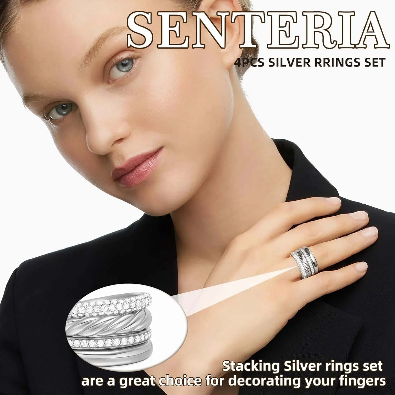Senteria 4Pcs Silver Stackable Rings for Women Adjustable Chunky Sterling Silver Thumb Rings Set Waterproof Cubic Zirconia Ring for Women Non Tarnish