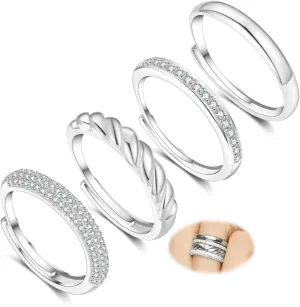 Senteria 4Pcs Silver Stackable Rings for Women Adjustable Chunky Sterling Silver Thumb Rings Set Waterproof Cubic Zirconia Ring for Women Non Tarnish