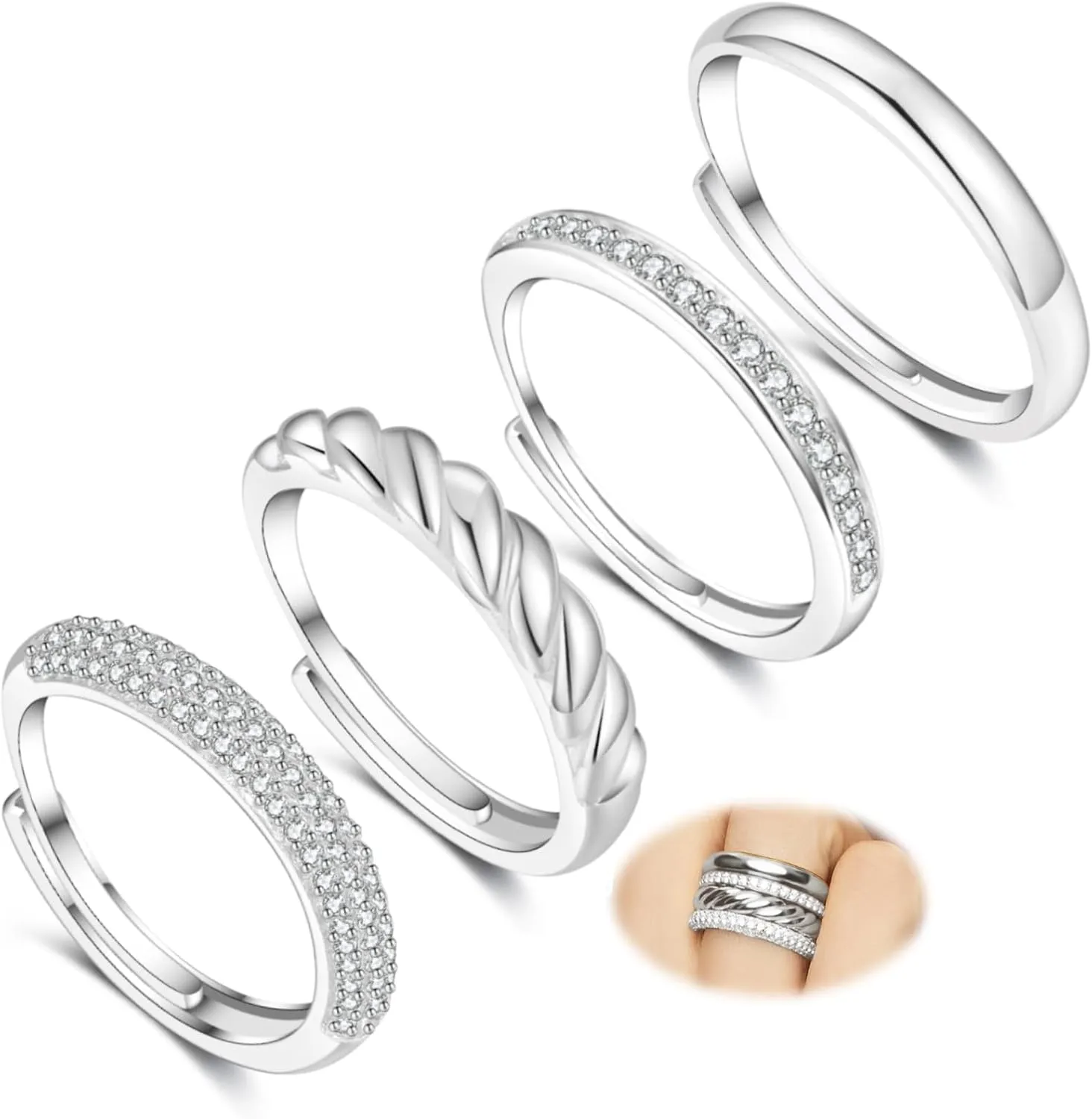 Senteria 4Pcs Silver Stackable Rings for Women Adjustable Chunky Sterling Silver Thumb Rings Set Waterproof Cubic Zirconia Ring for Women Non Tarnish
