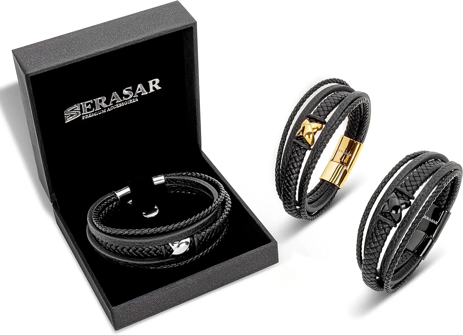 SERASAR Premium Leather Bracelet Men | Stainless Steel Magnetic Clasp | Three Colors | Jewelry Box Included