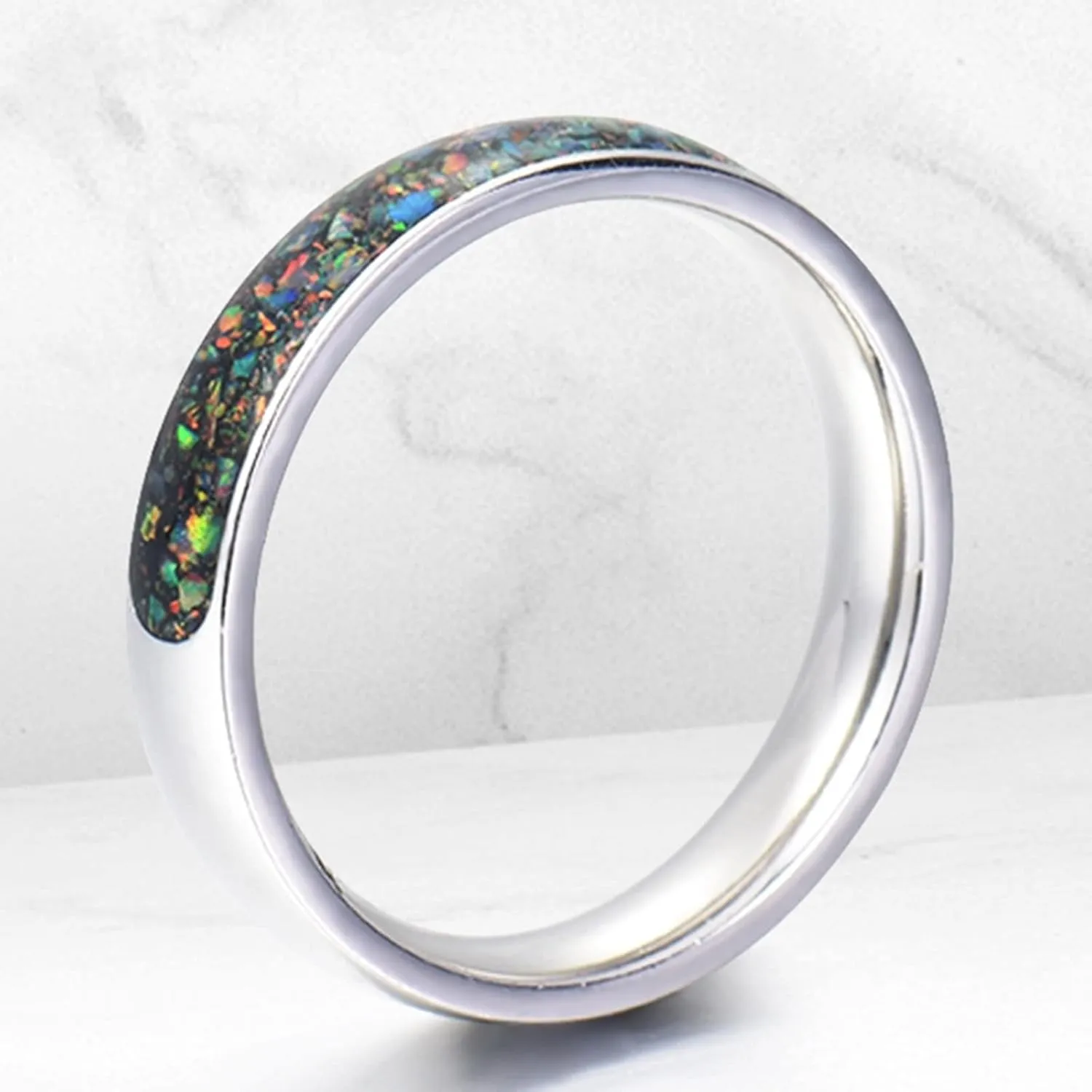 Silver Engagement Ring, Mens Rings Stainless Steel 8mm Silver Ring Inlay Wood Rings for Men and Women