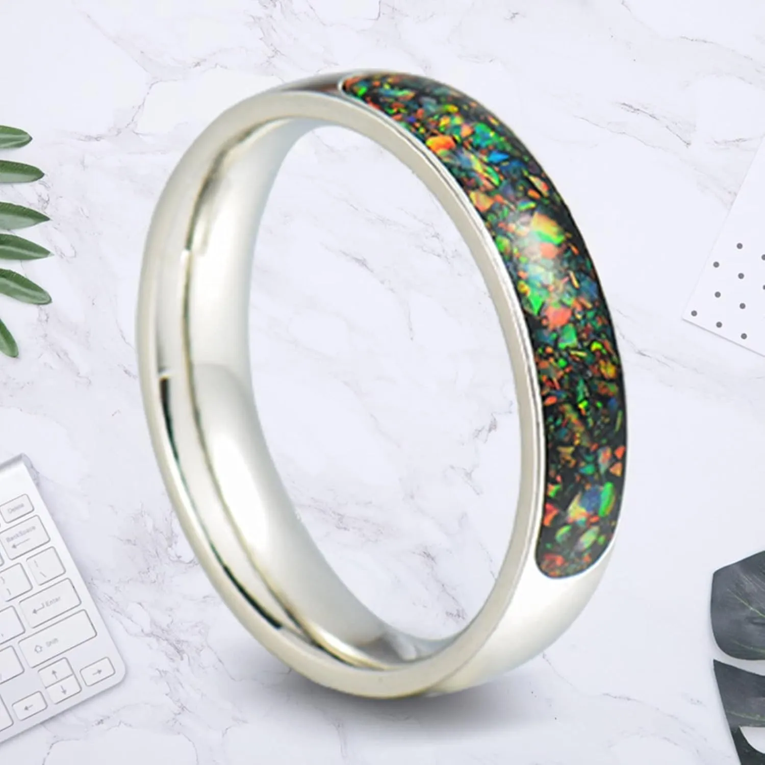 Silver Engagement Ring, Mens Rings Stainless Steel 8mm Silver Ring Inlay Wood Rings for Men and Women